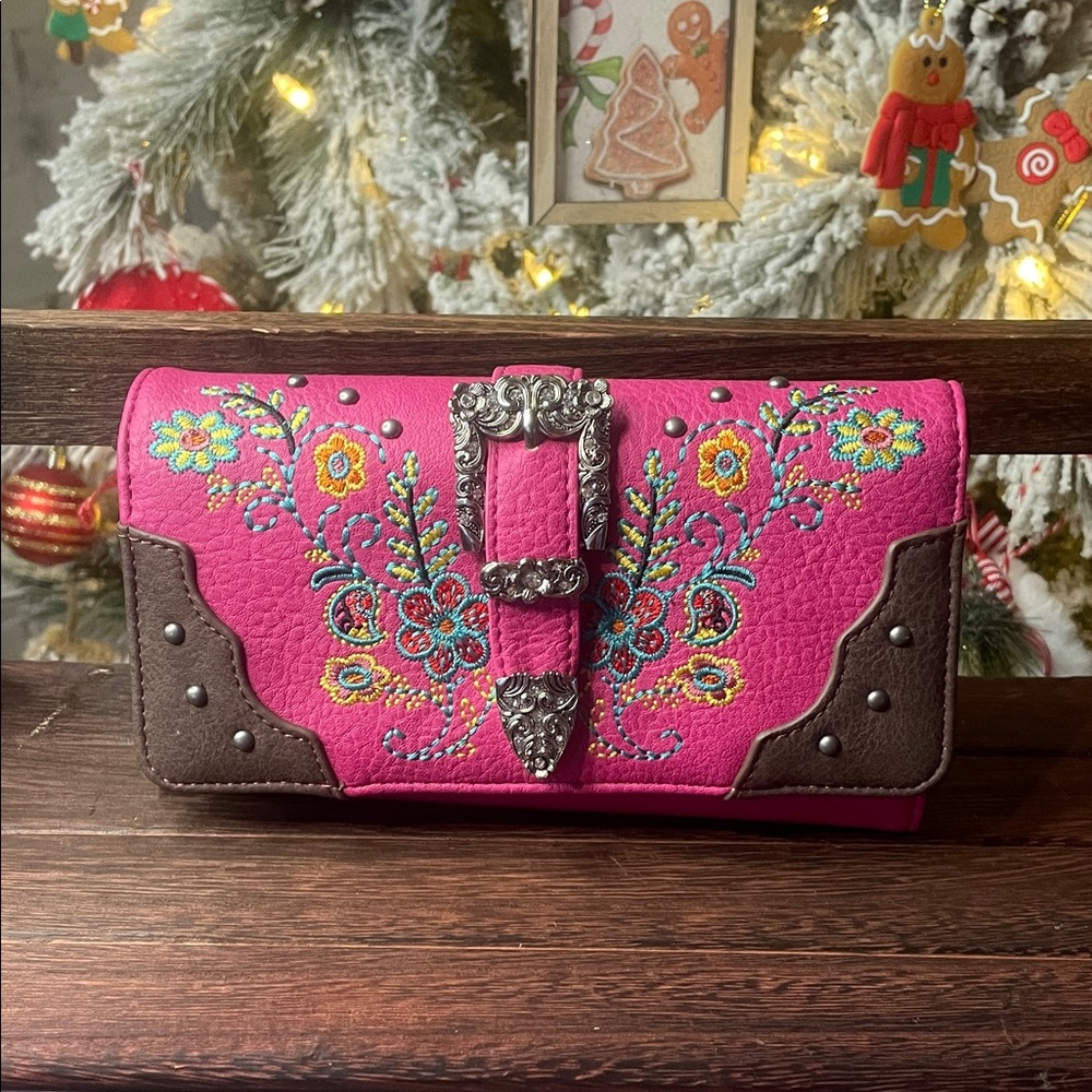 Montana West Pink and Brown Embroidered Clutch